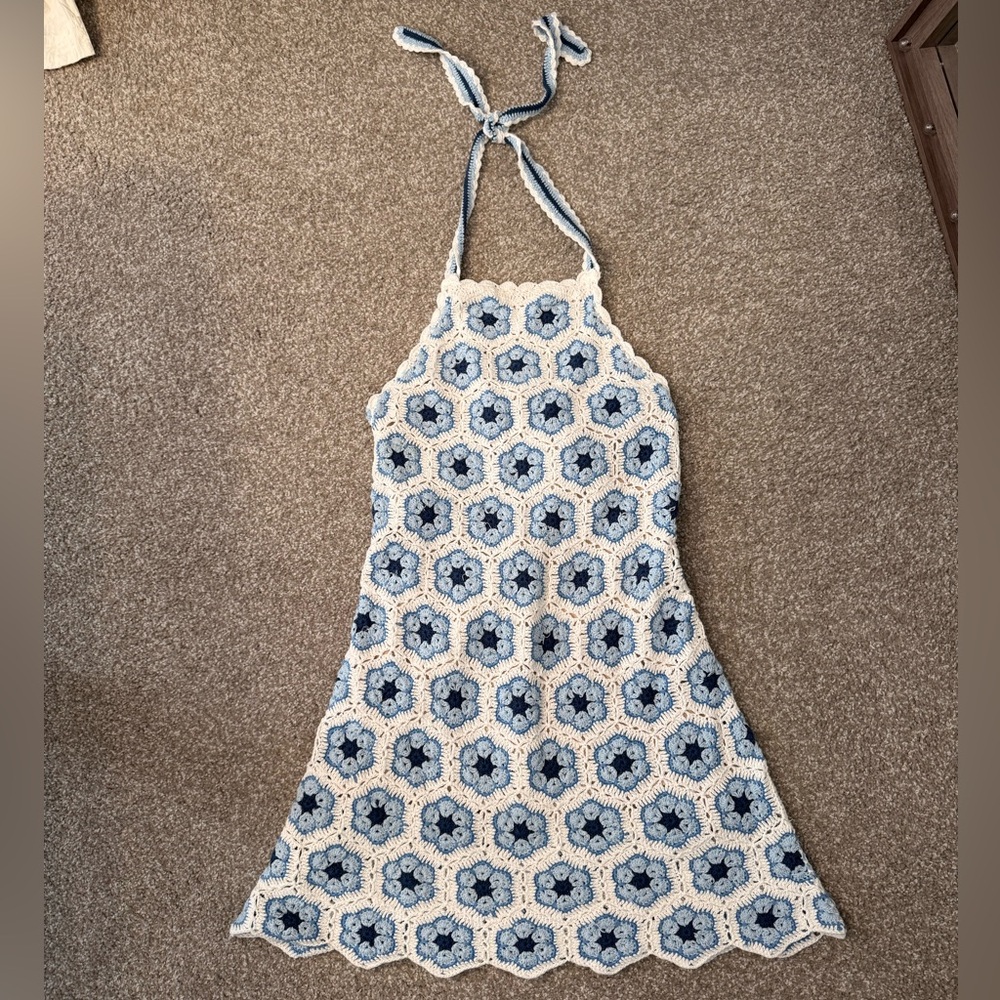 Show Me Your Mumu Crochet Halter Mini Dress Blue White XXL